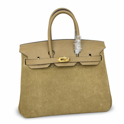Elegant Neutral Birkin 25cm Grizzly Beige Suede Luxury Top-Handle Tote