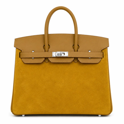 Birkin 25 Retourne in Yellow Swift Leather and Suede Grizzly (Palladium Hardware)