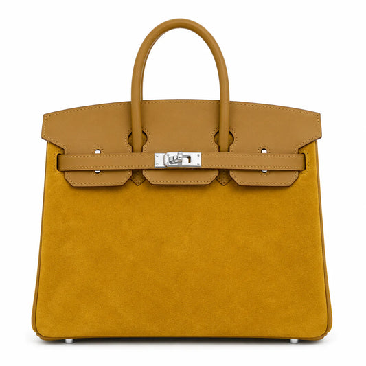 Birkin 25 Retourne in Yellow Swift Leather and Suede Grizzly (Palladium Hardware)