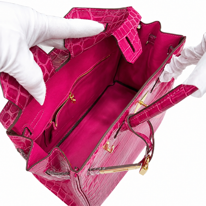 Birkin Style 25/30/35 Retourne in Rose Schéhérazade Crocodile-Embossed Leather (Gold Hardware)