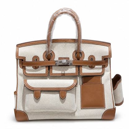 Birkin Cargo 35 Gold Leather and Ecru Canvas Multi-Pocket Bag