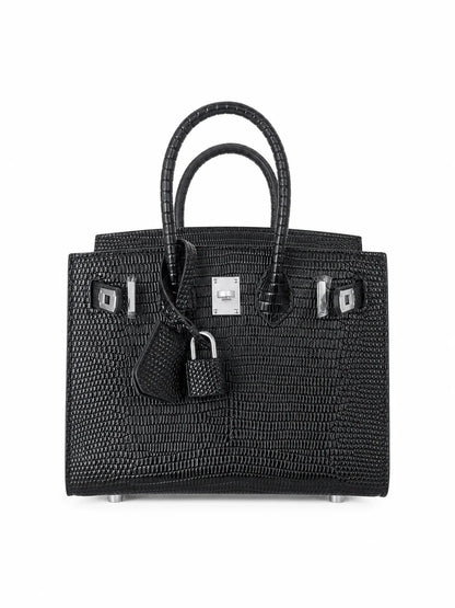 Mini Birkin 20cm Outer Stitching Tote Bag in Black Lizard Pattern