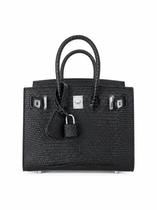 Mini Birkin 20cm Outer Stitching Tote Bag in Black Lizard Pattern