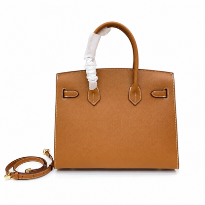 Birkin Style 25/30 Sellier in Gold Epsom Leather with White Stitching (Gold Hardware)