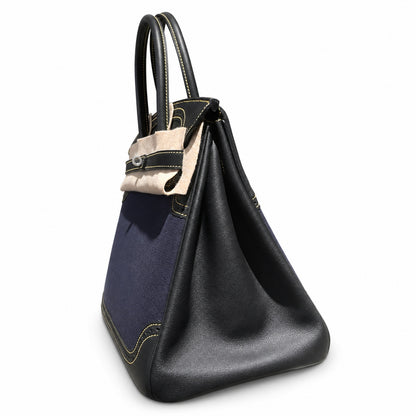 Birkin Ghillies 30 Black Leather and Navy Blue Denim Splicing Bag