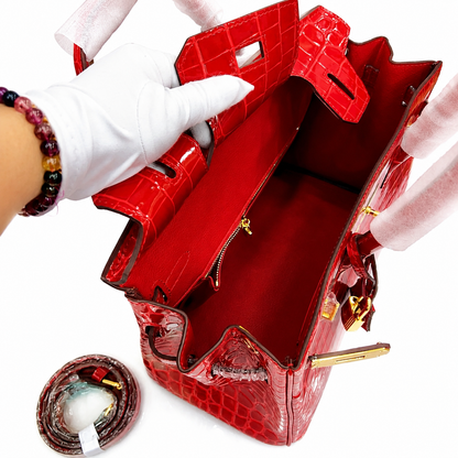 Birkin Style 25/30/35 Retourne in Rouge Vif Crocodile-Embossed Leather (Gold Hardware)