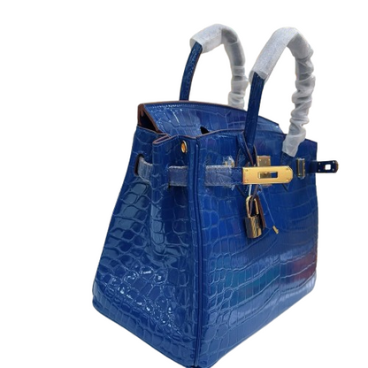 Birkin Blue Croc Embossement Leather Handbags Metal Lock Satchel Bag