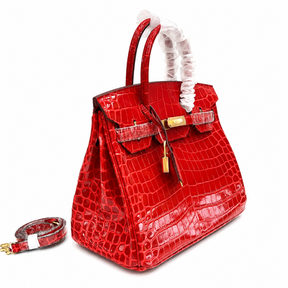 Birkin Style 25/30/35 Retourne in Rouge Vif Crocodile-Embossed Leather (Gold Hardware)