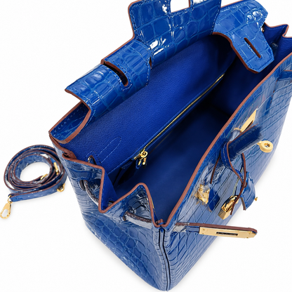 Birkin Blue Croc Embossement Leather Handbags Metal Lock Satchel Bag