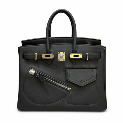 Birkin 25 Rock Black Leather Multi-Pocket Handbag with Chain