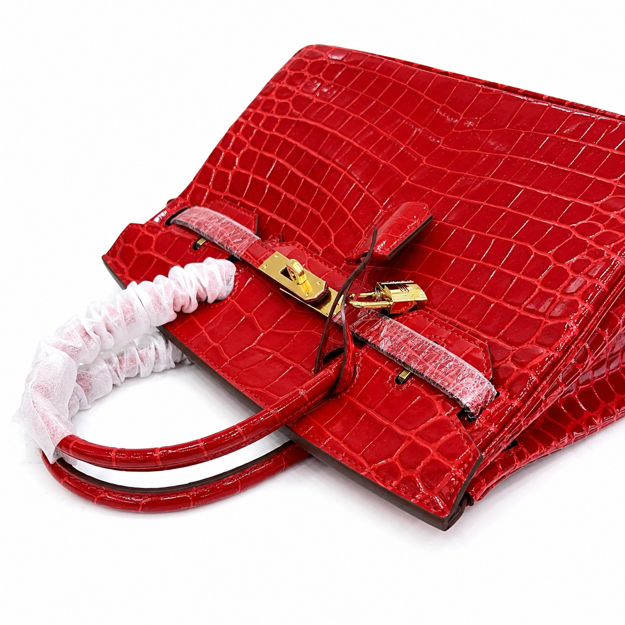 Birkin Style 25/30/35 Retourne in Rouge Vif Crocodile-Embossed Leather (Gold Hardware)