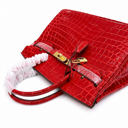 Birkin Style 25/30/35 Retourne in Rouge Vif Crocodile-Embossed Leather (Gold Hardware)