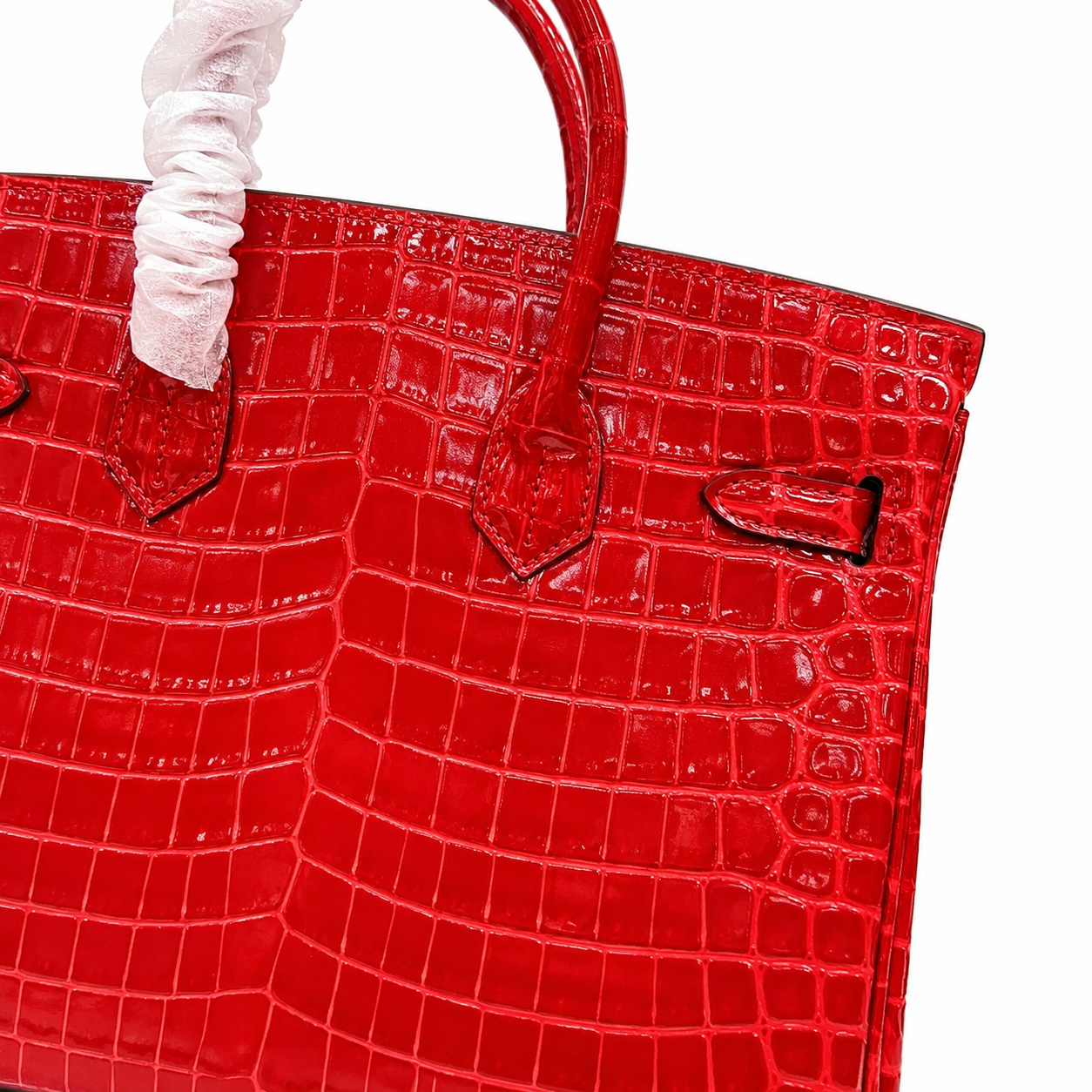 Birkin Style 25/30/35 Retourne in Rouge Vif Crocodile-Embossed Leather (Gold Hardware)