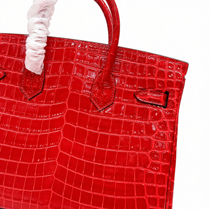 Birkin Style 25/30/35 Retourne in Rouge Vif Crocodile-Embossed Leather (Gold Hardware)