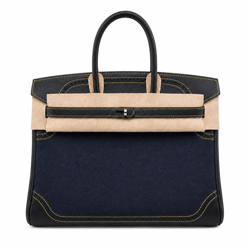 Birkin Ghillies 30 Black Leather and Navy Blue Denim Splicing Bag