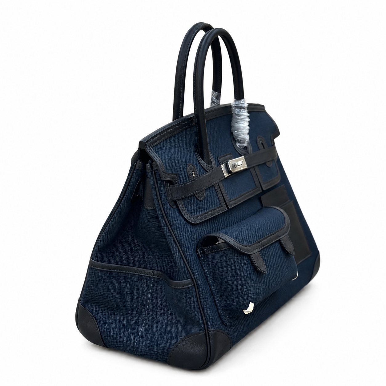 Birkin Cargo 35 in Bleu Nuit Toile Goéland and Noir Swift Leather (Palladium Hardware)