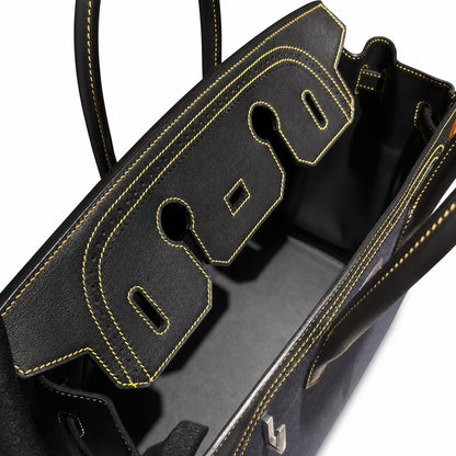 Birkin Ghillies 30 Black Leather and Navy Blue Denim Splicing Bag