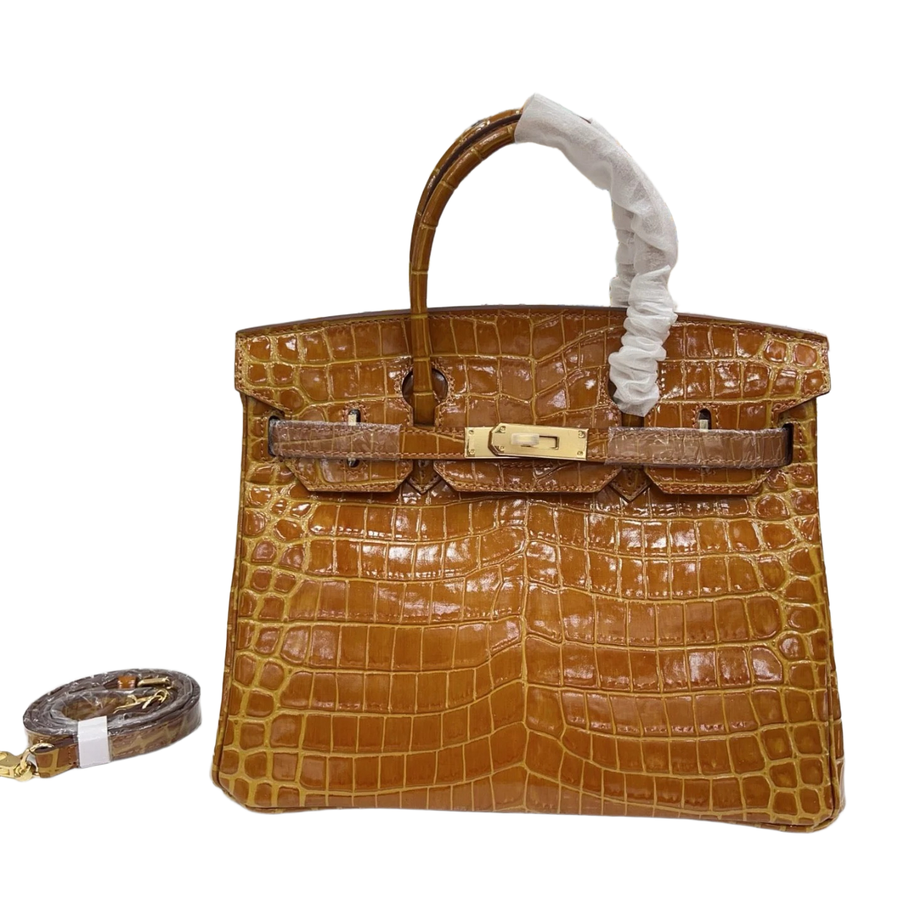 Birkin Style 25/30/35 Retourne in Miel/Gold Crocodile-Embossed Leather (Gold Hardware)