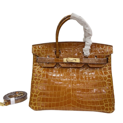 Birkin Style 25/30/35 Retourne in Miel/Gold Crocodile-Embossed Leather (Gold Hardware)