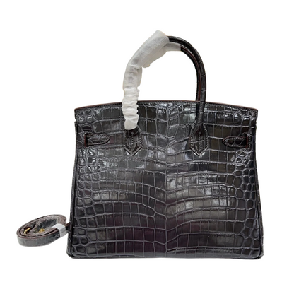 Birkin Style 25/30/35 Retourne in Etoupe Crocodile-Embossed Leather (Gold Hardware)