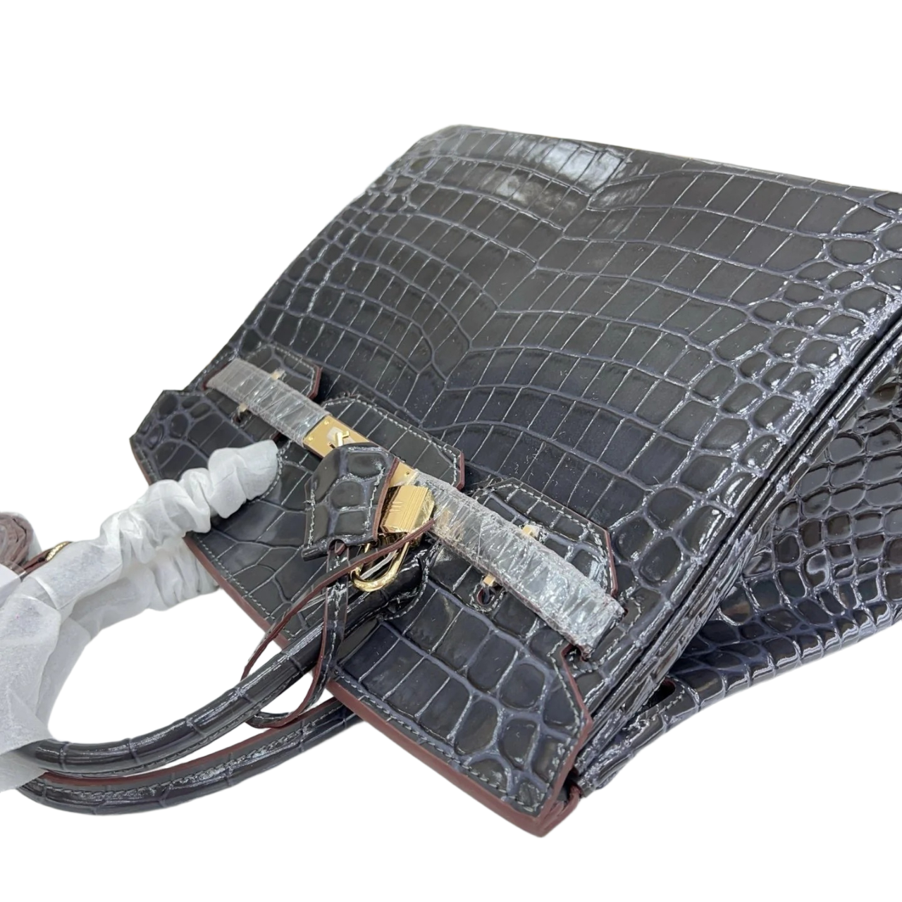Birkin Style 25/30/35 Retourne in Etoupe Crocodile-Embossed Leather (Gold Hardware)