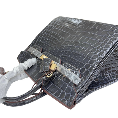 Birkin Style 25/30/35 Retourne in Etoupe Crocodile-Embossed Leather (Gold Hardware)