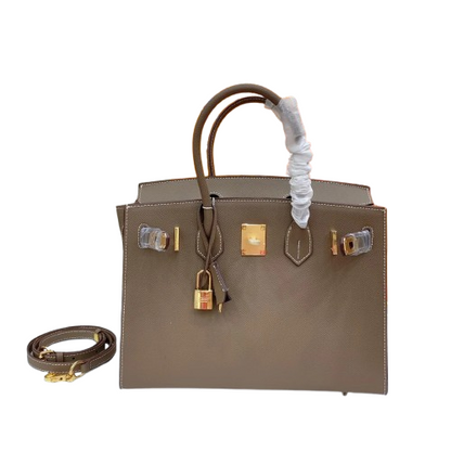 Birkin Style 25/30 Sellier in Etoupe Epsom Leather with White Stitching (Gold Hardware)