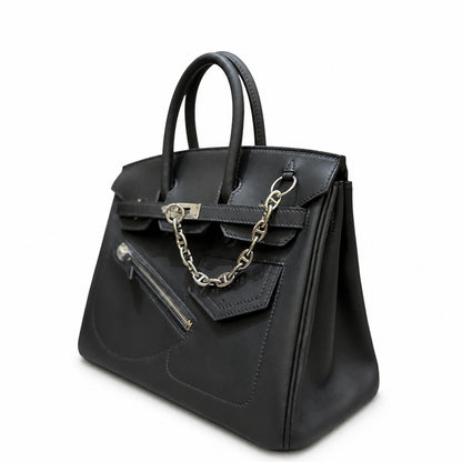 Birkin 25 Rock Black Leather Multi-Pocket Handbag with Chain