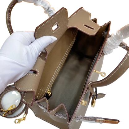 Birkin Style 25/30 Sellier in Etoupe Epsom Leather with White Stitching (Gold Hardware)