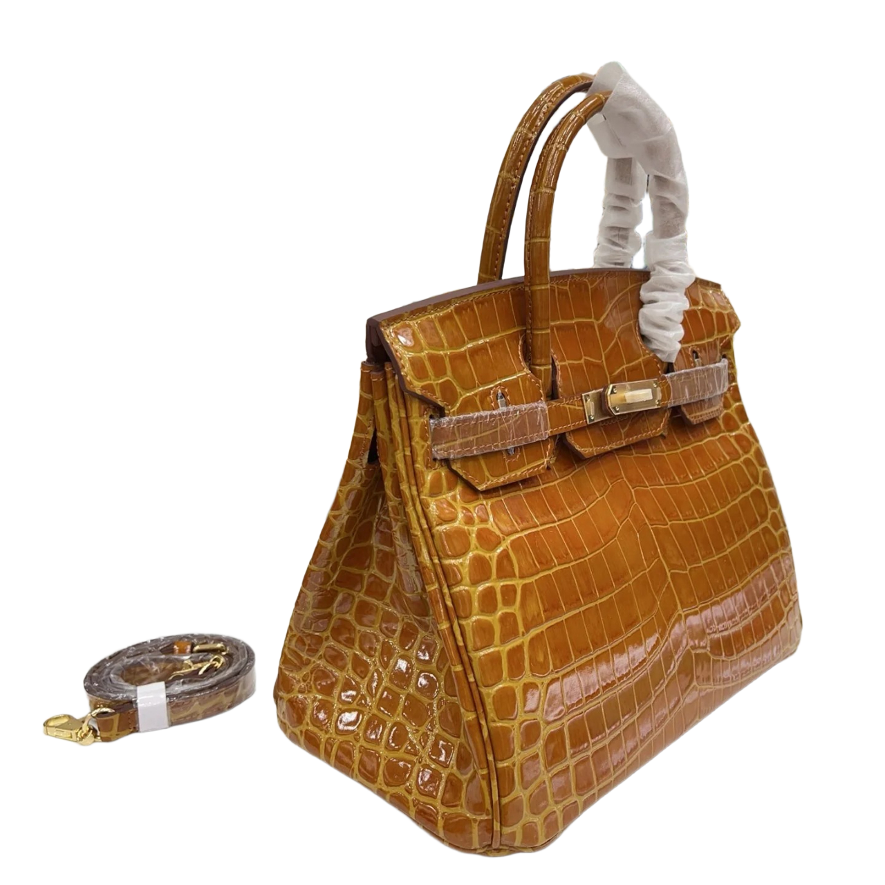Birkin Style 25/30/35 Retourne in Miel/Gold Crocodile-Embossed Leather (Gold Hardware)
