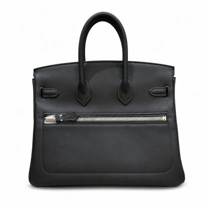 Birkin 25 Rock Black Leather Multi-Pocket Handbag with Chain