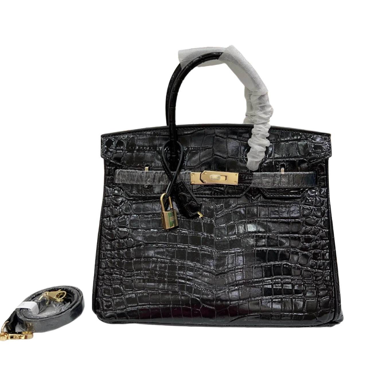 Birkin Style 25/30/35 Retourne in Noir Crocodile-Embossed Leather (Gold Hardware)