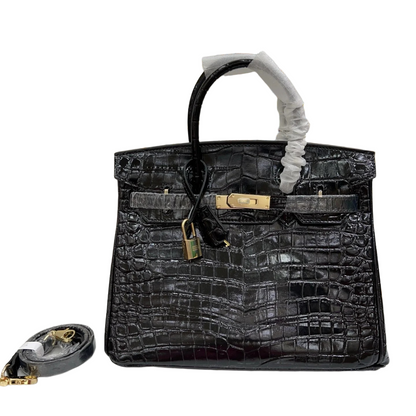 Birkin Style 25/30/35 Retourne in Noir Crocodile-Embossed Leather (Gold Hardware)