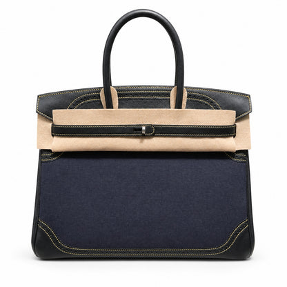 Birkin Ghillies 30 Black Leather and Navy Blue Denim Splicing Bag