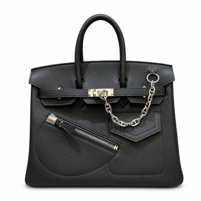 Birkin 25 Rock Black Leather Multi-Pocket Handbag with Chain