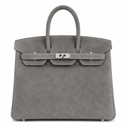 Birkin 25 Retourne in Grey Suede Grizzly (Palladium Hardware)