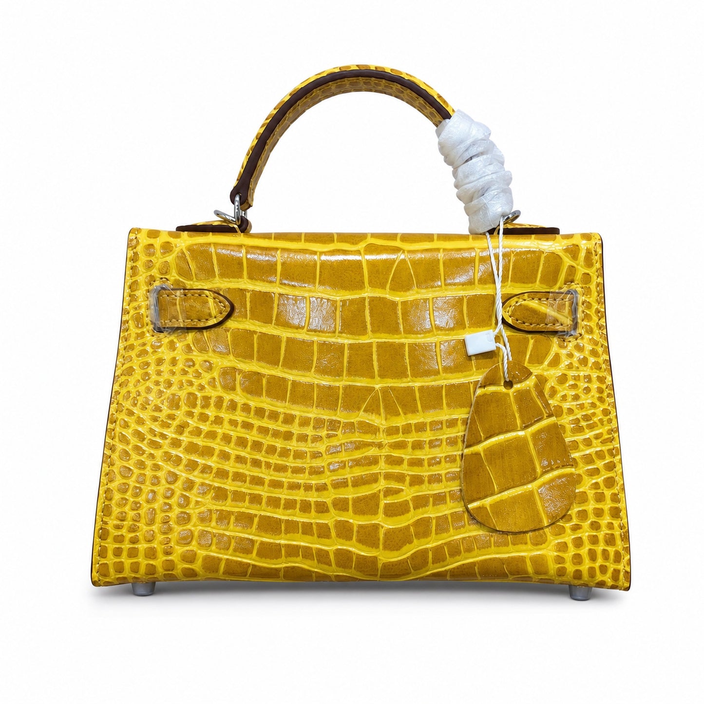 Kelly Sellier 19cm Jaune Ambre Shiny Crocodile Leather Gold Hardware & Palladium Hardware Women Handbag