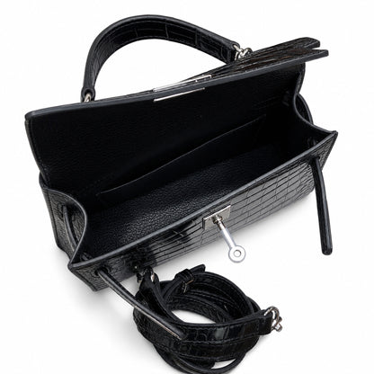 Kelly Sellier 19cm Noir Shiny Crocodile Leather Gold Hardware & Palladium Hardware Women Handbag