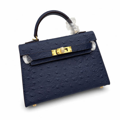 Mini Kelly Sellier 19cm Bleu Nuit Ostrich Leather Gold Hardware Women Mini Handbag