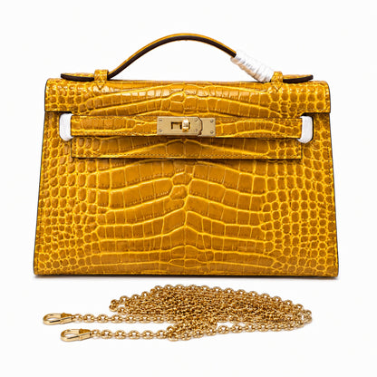 Kelly Pochette Jaune Ambre Shiny Niloticus Crocodile Leather Palladium Hardware Women Clutch Bag