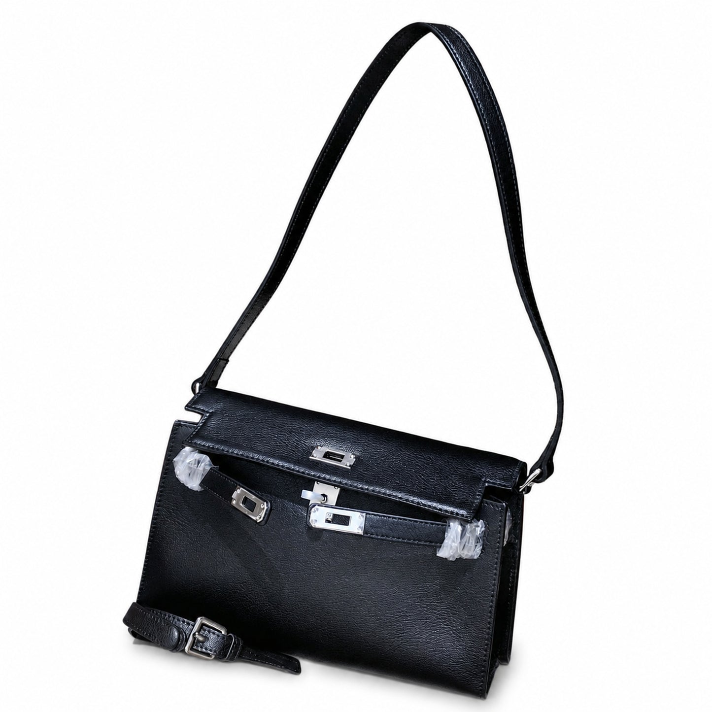 Kelly Elan 25 Underarm Baguette Bag, Genuine Top Layer Cowhide Goat Grain Leather, Silver Hardware Black Unisex Shoulder Purse, Multiway Crossbody Handheld Daily Bag, High Practical Daily Bag Size 25×6.5×15cm