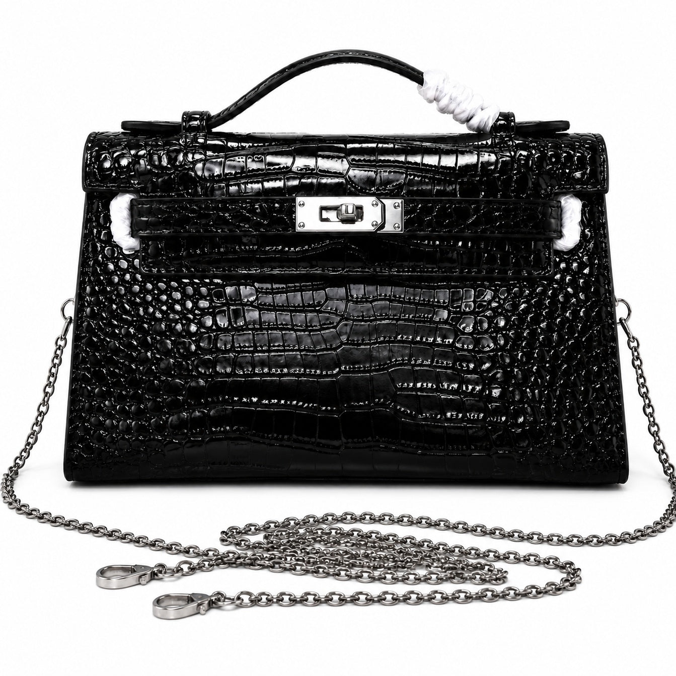 Kelly Pochette Noir Shiny Niloticus Crocodile Leather Palladium Hardware & Palladium Hardware Women Clutch Bag