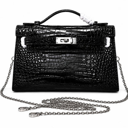 Kelly Pochette Noir Shiny Niloticus Crocodile Leather Palladium Hardware & Palladium Hardware Women Clutch Bag