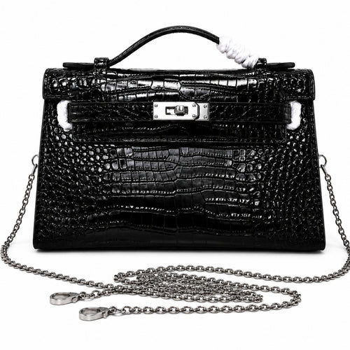 Kelly Pochette Noir Shiny Niloticus Crocodile Leather Palladium Hardware & Palladium Hardware Women Clutch Bag