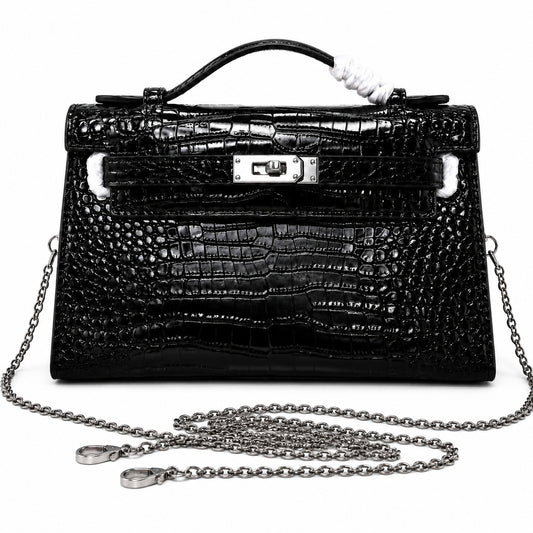 Kelly Pochette Noir Shiny Niloticus Crocodile Leather Palladium Hardware & Palladium Hardware Women Clutch Bag