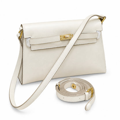 Kelly Elan 25 Underarm Baguette Bag, Genuine Top Layer Cowhide with Goat Grain, Gold Hardware Minimalist Off White Shoulder Handbag, Size 25×6.5×15cm Elegant Soft Tone Daily Purse for Women