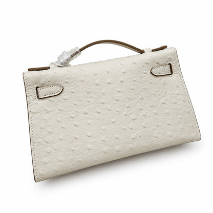Mini Kelly II Sellier 19cm & 22cm Craie Ostrich Leather Gold Hardware Women Mini Handbag