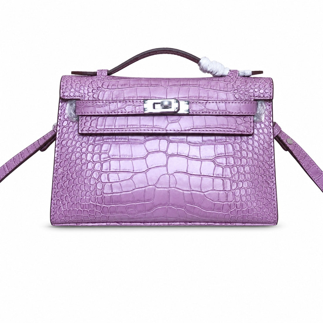 Kelly Pochette Lilac Shiny Niloticus Crocodile Leather Palladium Hardware Women Clutch Bag
