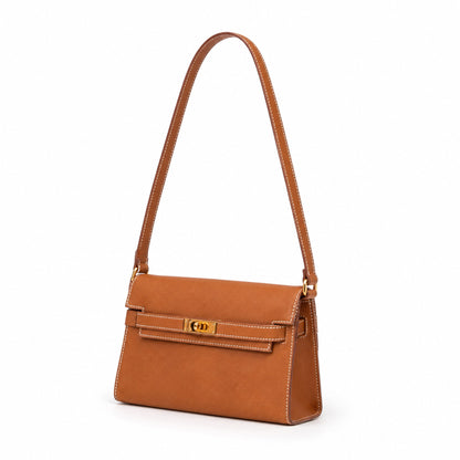 Kelly Elan 25 Top-Grain Leather Goat-Pattern Underarm Baguette Bag – Gold Buckle, Coffee Brown, 25×6.5×15cm