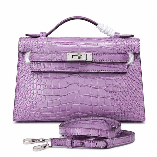 Kelly Pochette Lilac Shiny Niloticus Crocodile Leather Palladium Hardware Women Clutch Bag